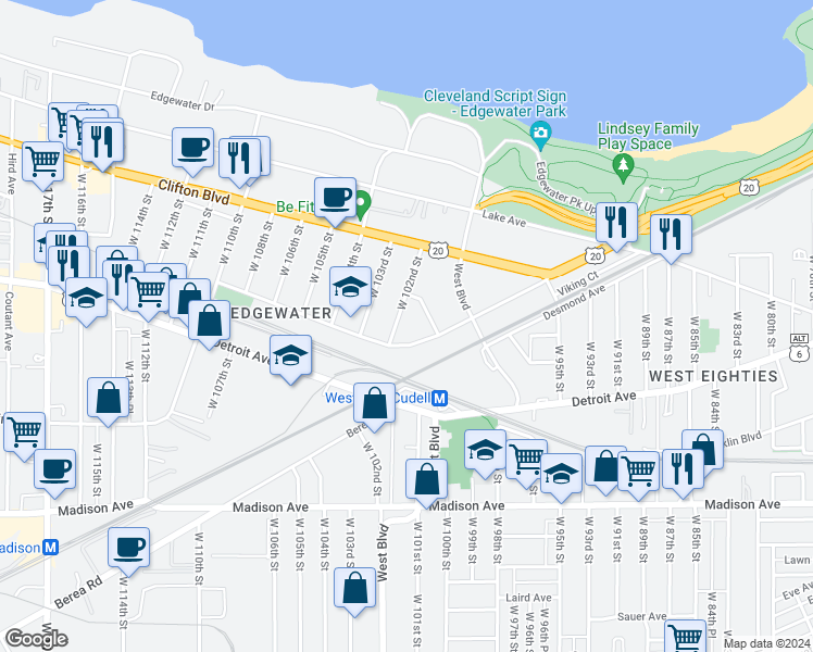 map of restaurants, bars, coffee shops, grocery stores, and more near 1329 West 102nd Street in Cleveland