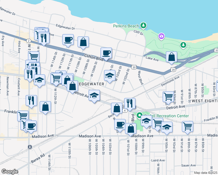 map of restaurants, bars, coffee shops, grocery stores, and more near 1340 West 104th Street in Cleveland