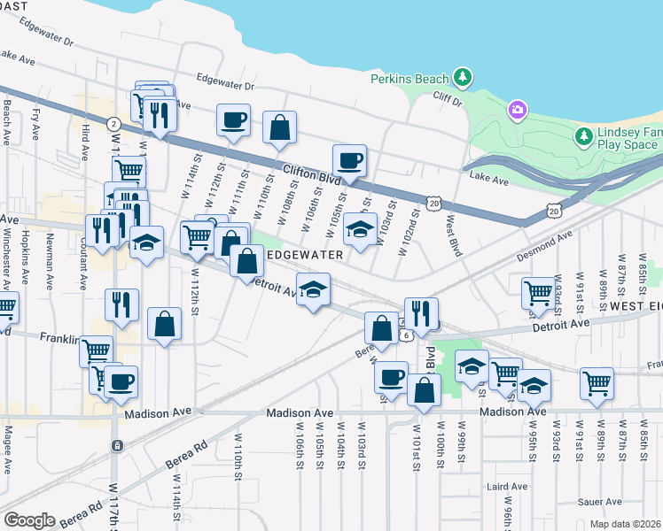 map of restaurants, bars, coffee shops, grocery stores, and more near 10501 Baltic Road in Cleveland