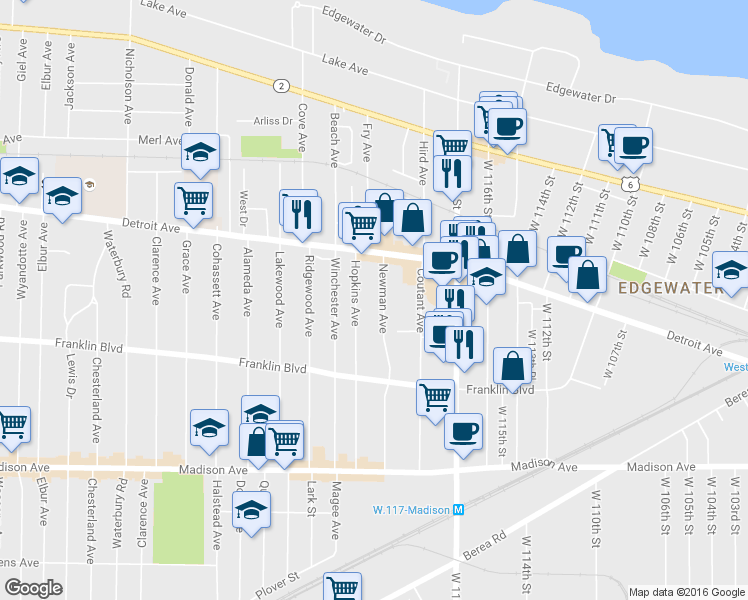map of restaurants, bars, coffee shops, grocery stores, and more near 1450 Newman Avenue in Lakewood