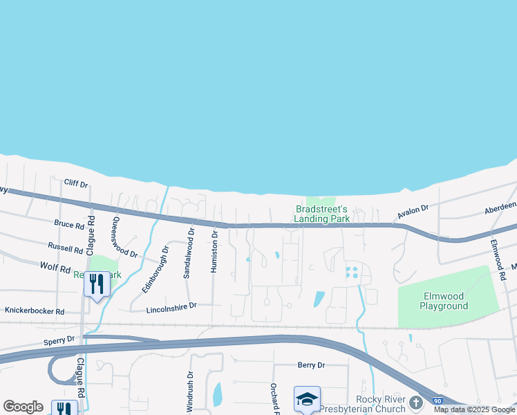 map of restaurants, bars, coffee shops, grocery stores, and more near 22732 Lake Road in Rocky River