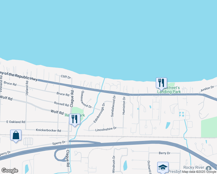 map of restaurants, bars, coffee shops, grocery stores, and more near 23132 Roberts Run in Bay Village