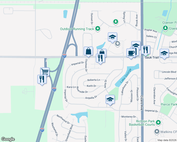 map of restaurants, bars, coffee shops, grocery stores, and more near 5225 Arquilla Drive in Richton Park