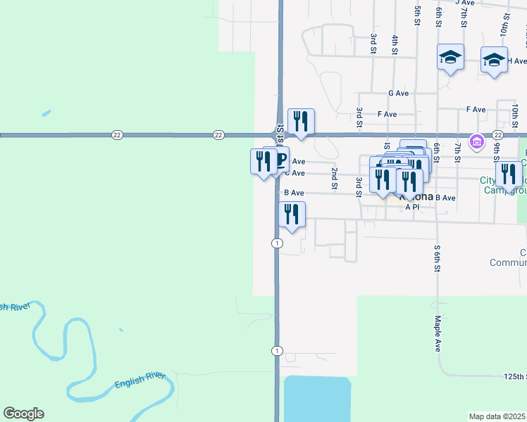 map of restaurants, bars, coffee shops, grocery stores, and more near 101 1st Street in Kalona
