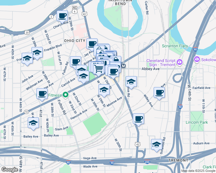 map of restaurants, bars, coffee shops, grocery stores, and more near 2100 West 26th Street in Cleveland