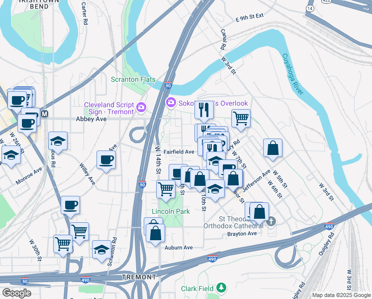 map of restaurants, bars, coffee shops, grocery stores, and more near 1018 Fairfield Avenue in Cleveland