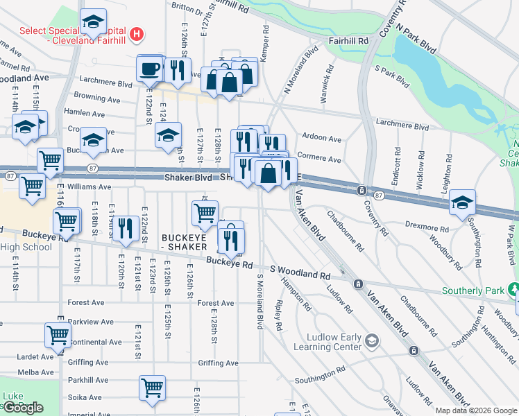 map of restaurants, bars, coffee shops, grocery stores, and more near S Moreland Blvd & Drexmore Rd in Cleveland