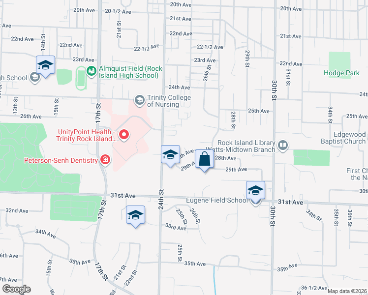 map of restaurants, bars, coffee shops, grocery stores, and more near 2400 28th Avenue Court in Rock Island