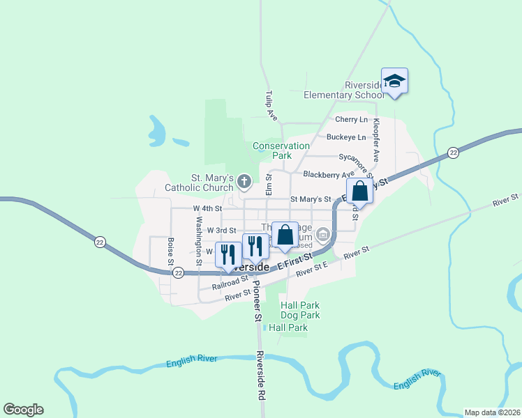 map of restaurants, bars, coffee shops, grocery stores, and more near 4th St in Riverside