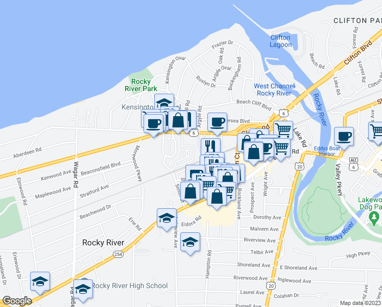 map of restaurants, bars, coffee shops, grocery stores, and more near 15 Astor Place in Rocky River