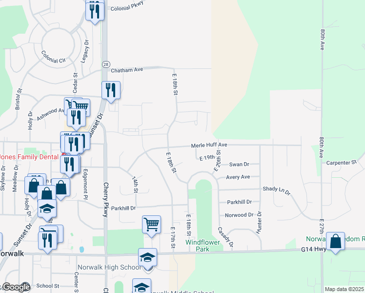 map of restaurants, bars, coffee shops, grocery stores, and more near 1832 Merle Huff Avenue in Norwalk