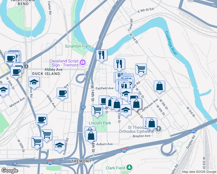 map of restaurants, bars, coffee shops, grocery stores, and more near 1018 Fairfield Avenue in Cleveland