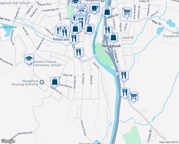map of restaurants, bars, coffee shops, grocery stores, and more near 47 Ward Street in Naugatuck