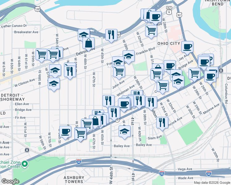 map of restaurants, bars, coffee shops, grocery stores, and more near 4120 Whitman Avenue in Cleveland