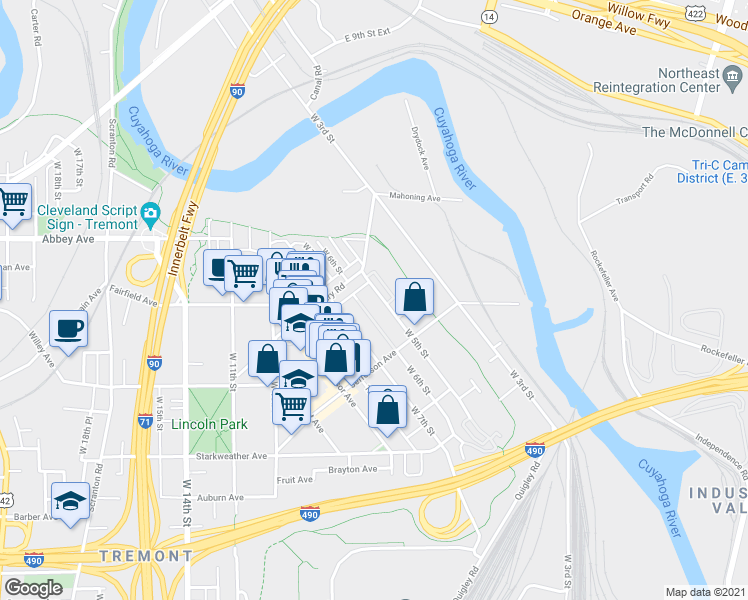 map of restaurants, bars, coffee shops, grocery stores, and more near 2272 West 5th Street in Cleveland