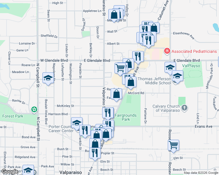 map of restaurants, bars, coffee shops, grocery stores, and more near 405 Randle Street in Valparaiso