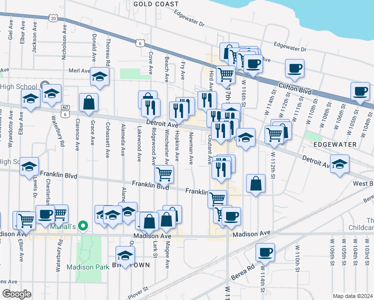 map of restaurants, bars, coffee shops, grocery stores, and more near 1450 Newman Avenue in Lakewood