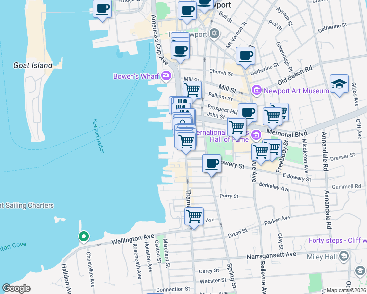 map of restaurants, bars, coffee shops, grocery stores, and more near 400 Thames Street in Newport