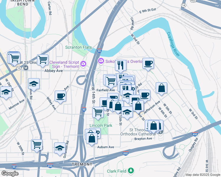 map of restaurants, bars, coffee shops, grocery stores, and more near 1018 Fairfield Avenue in Cleveland