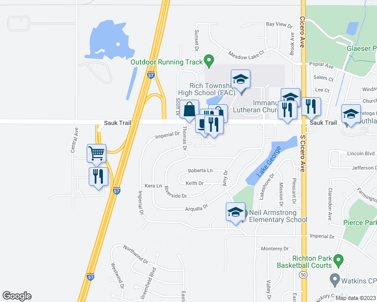 map of restaurants, bars, coffee shops, grocery stores, and more near 22405 Thomas Drive in Richton Park