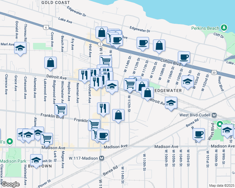 map of restaurants, bars, coffee shops, grocery stores, and more near 1418 Detroit Avenue in Cleveland