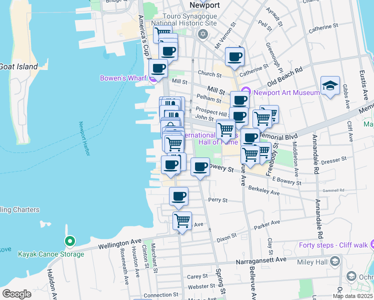 map of restaurants, bars, coffee shops, grocery stores, and more near 309 Spring Street in Newport