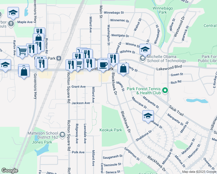 map of restaurants, bars, coffee shops, grocery stores, and more near 428 Suwanee Street in Park Forest