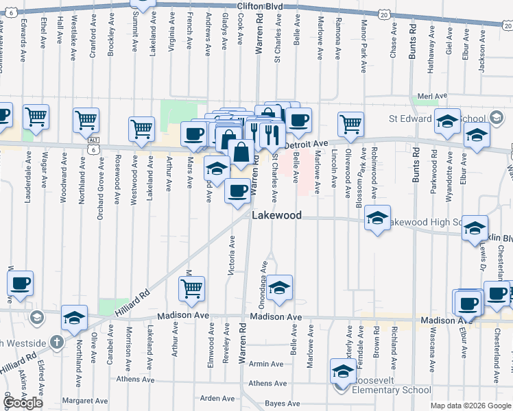 map of restaurants, bars, coffee shops, grocery stores, and more near 1495 Warren Road in Lakewood