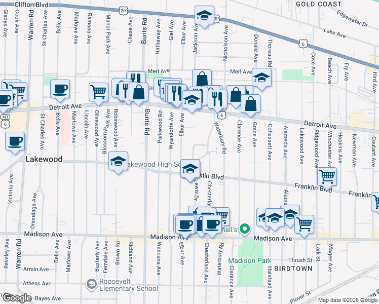 map of restaurants, bars, coffee shops, grocery stores, and more near 1502 Parkway Drive in Lakewood