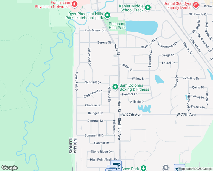 map of restaurants, bars, coffee shops, grocery stores, and more near 172 Schmidt Drive in Dyer