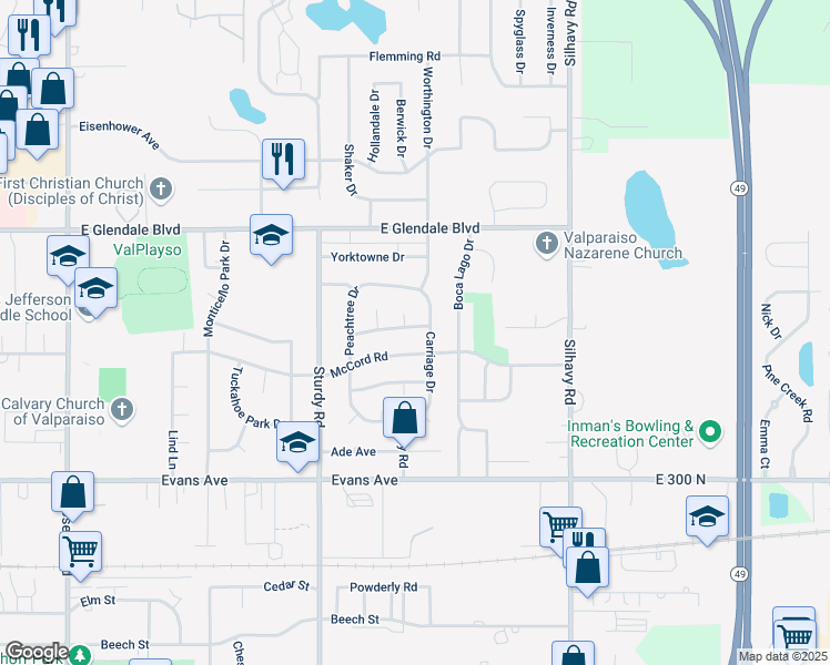 map of restaurants, bars, coffee shops, grocery stores, and more near 2302 Dunwoody Drive in Valparaiso