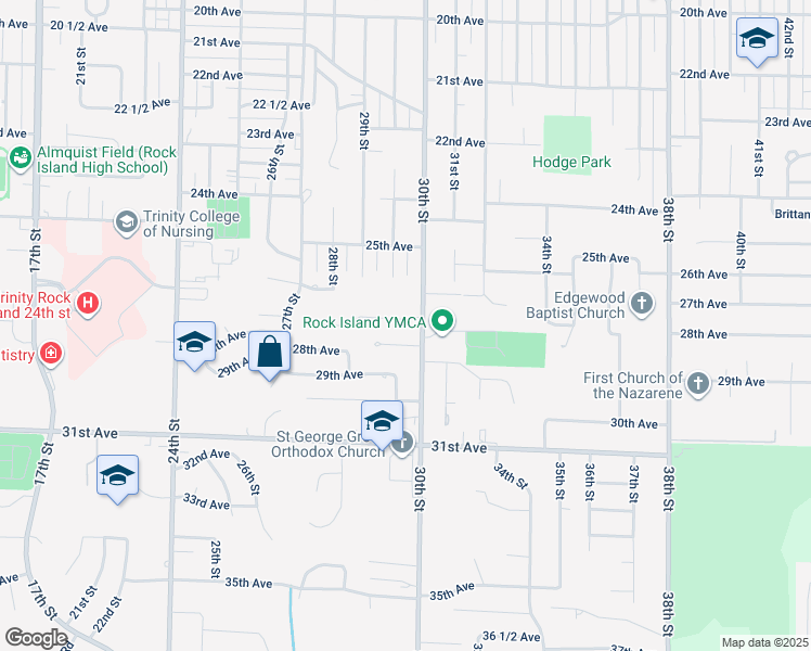map of restaurants, bars, coffee shops, grocery stores, and more near 2930 27th Avenue in Rock Island