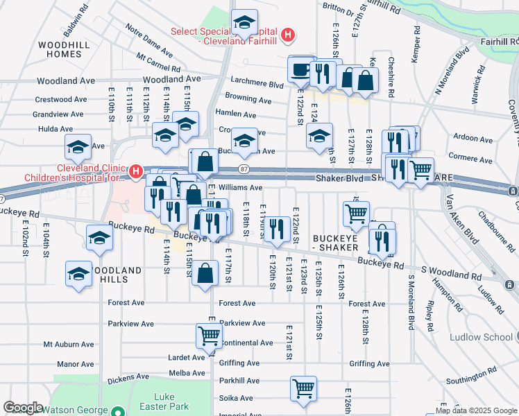 map of restaurants, bars, coffee shops, grocery stores, and more near 2798 East 119th Street in Cleveland