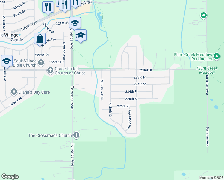 map of restaurants, bars, coffee shops, grocery stores, and more near 2825 224th Place in Sauk Village