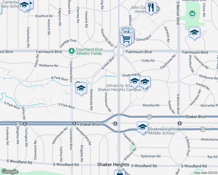 map of restaurants, bars, coffee shops, grocery stores, and more near 2701 Chesterton Road in Shaker Heights
