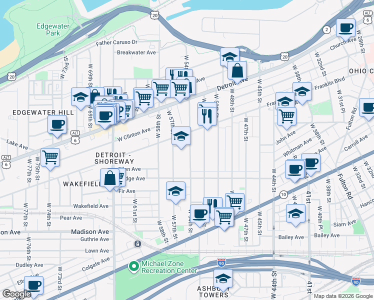 map of restaurants, bars, coffee shops, grocery stores, and more near 5507 Scott Court in Cleveland