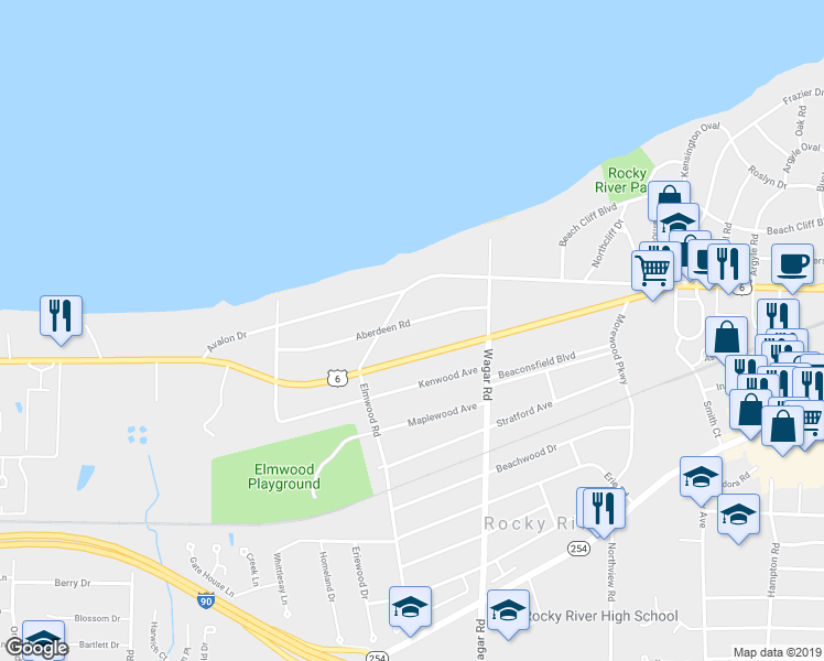 map of restaurants, bars, coffee shops, grocery stores, and more near 21301 Aberdeen Road in Rocky River