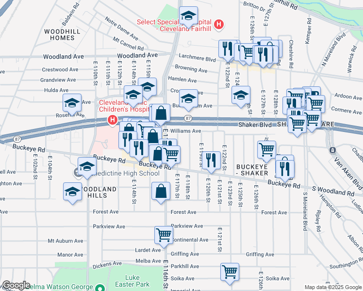 map of restaurants, bars, coffee shops, grocery stores, and more near 2805 E 117th St in Cleveland