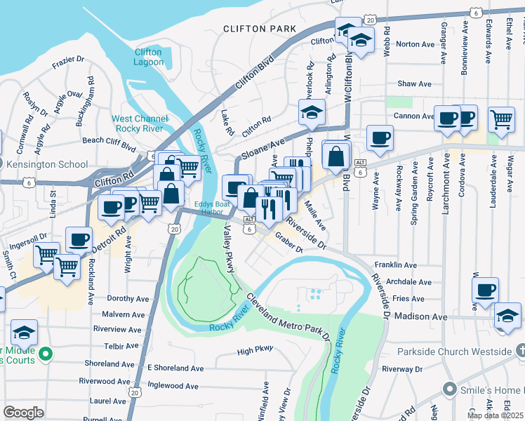 map of restaurants, bars, coffee shops, grocery stores, and more near 1367 Mathews Avenue in Lakewood