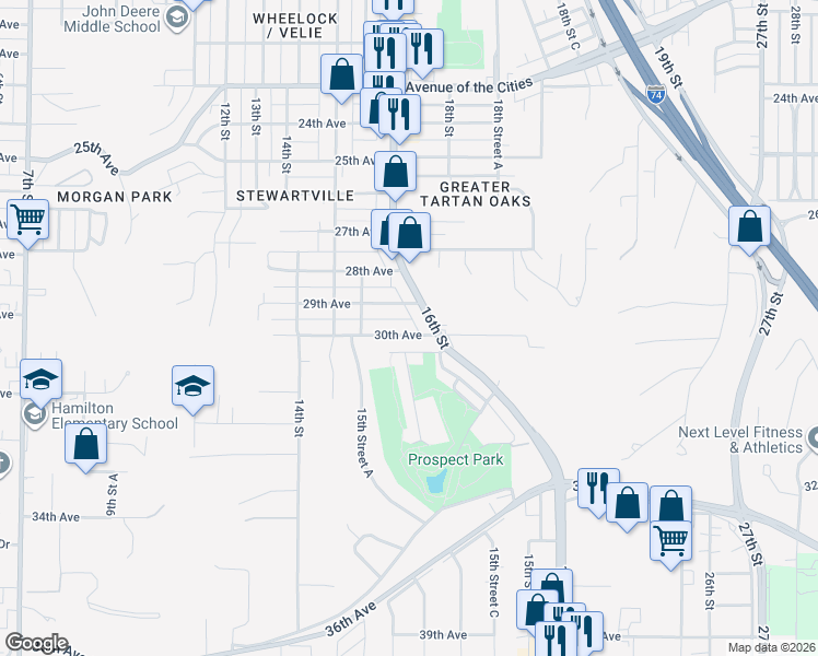map of restaurants, bars, coffee shops, grocery stores, and more near 1577 30th Avenue in Moline