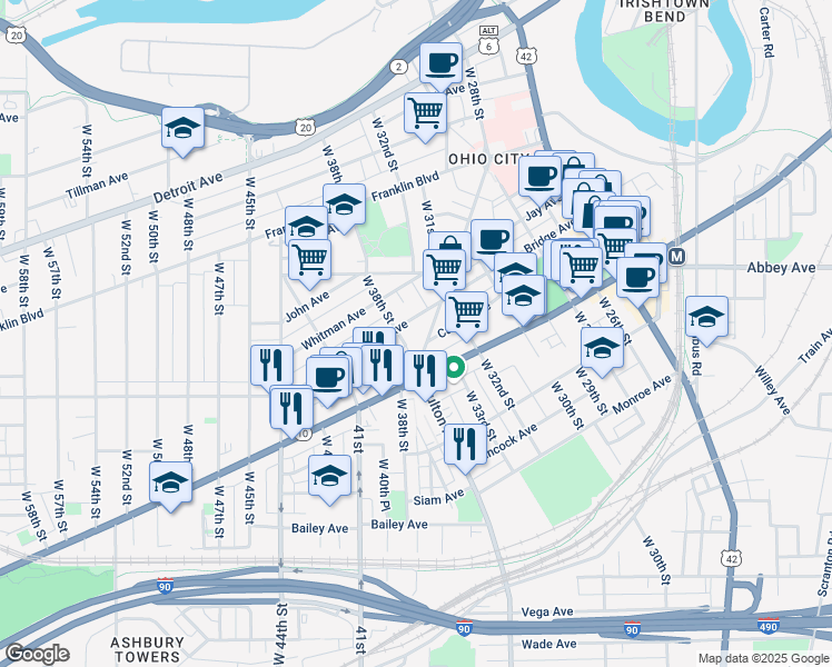 map of restaurants, bars, coffee shops, grocery stores, and more near 1900 Fulton Road in Cleveland