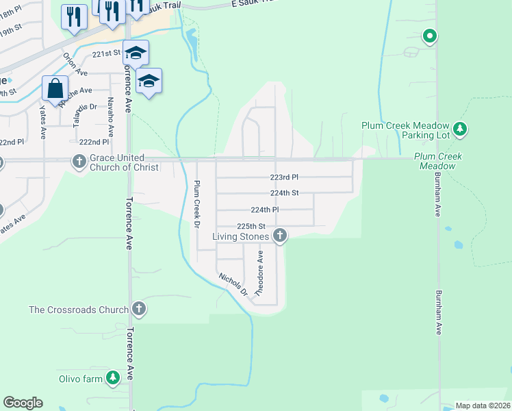 map of restaurants, bars, coffee shops, grocery stores, and more near 2919 224th Place in Sauk Village