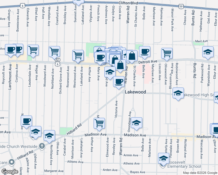 map of restaurants, bars, coffee shops, grocery stores, and more near 1488 Elmwood Avenue in Lakewood