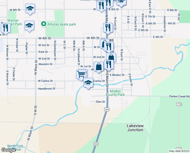 map of restaurants, bars, coffee shops, grocery stores, and more near 302 S Rine St in Alturas