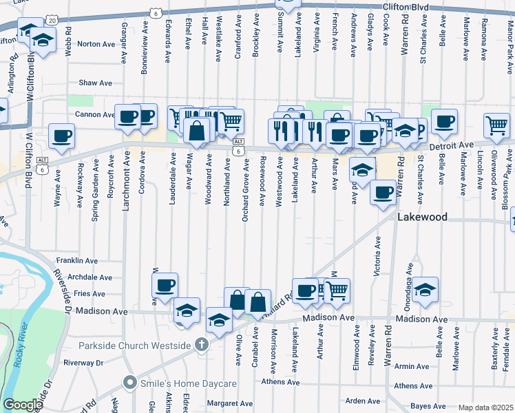 map of restaurants, bars, coffee shops, grocery stores, and more near 1494 Rosewood Ave in Lakewood