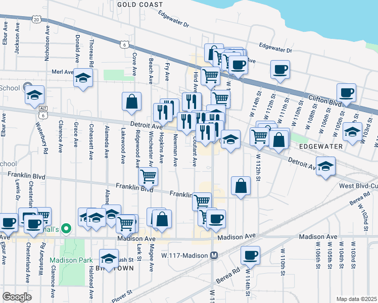 map of restaurants, bars, coffee shops, grocery stores, and more near 1446 Coutant Avenue in Lakewood