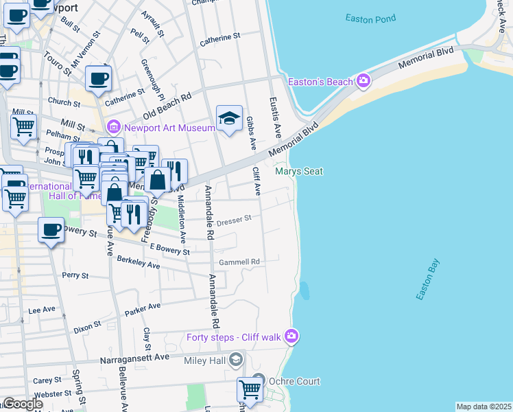 map of restaurants, bars, coffee shops, grocery stores, and more near 18 Cliff Avenue in Newport