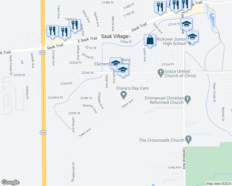 map of restaurants, bars, coffee shops, grocery stores, and more near 22407 Merrill Avenue in Sauk Village