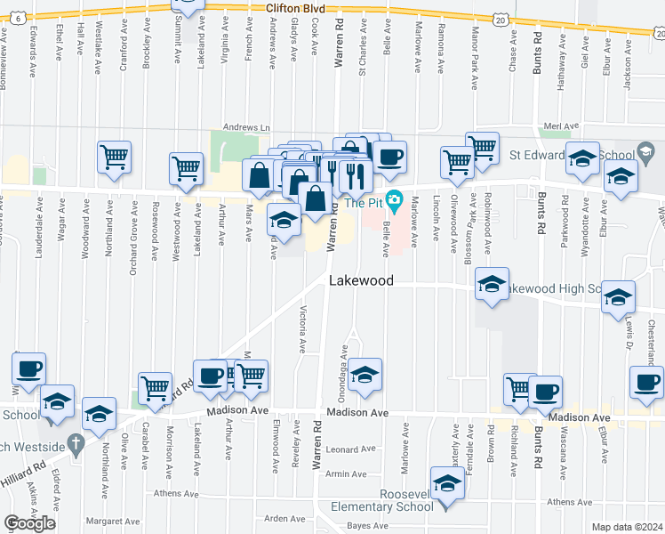 map of restaurants, bars, coffee shops, grocery stores, and more near 1495 Warren Road in Lakewood