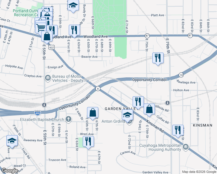 map of restaurants, bars, coffee shops, grocery stores, and more near 2812 East 69th Street in Cleveland